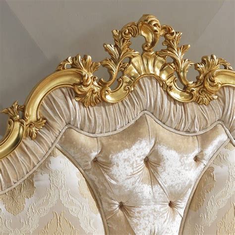 Striking Rococo Gold Leaf Button Upholstered Bed Luxury Furniture