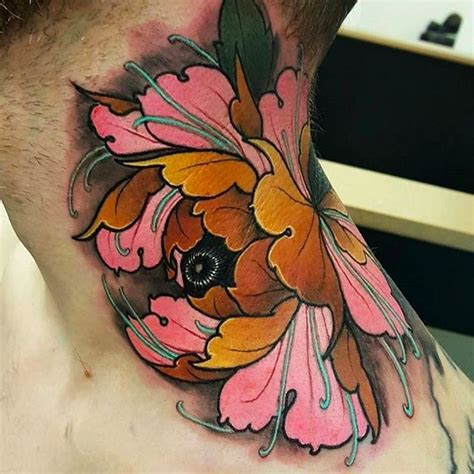 Master Of Peony Tattoos Elliott Wells Flower Neck Tattoo Japanese