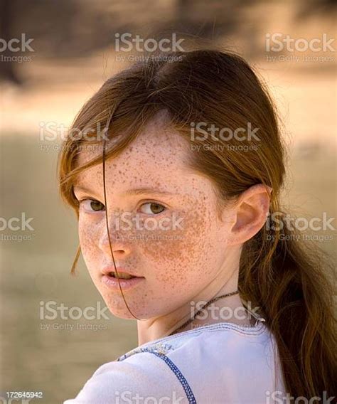 Irish Redhead Freckle Face Pre Adolescent Child Girl Portrait Stock