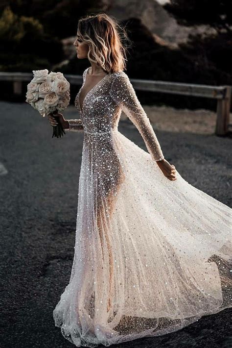 Luxury Rhinestones Wedding Dress With Illusion Long Sleeves