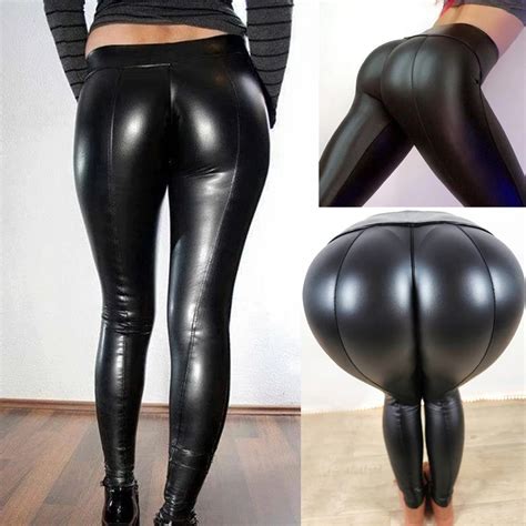 Sexy Black Leather Legging Women Ladies Leather High Waist Pu Leggings Wet Look Stretch Trousers
