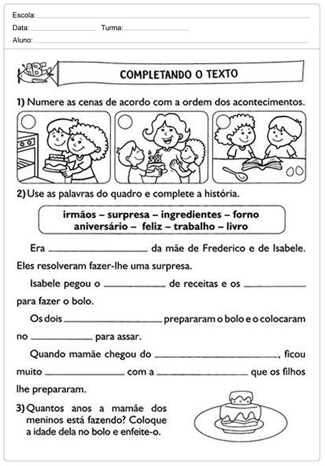 Atividades De Portugues 2 Ano Completando Ao Texto Educação E