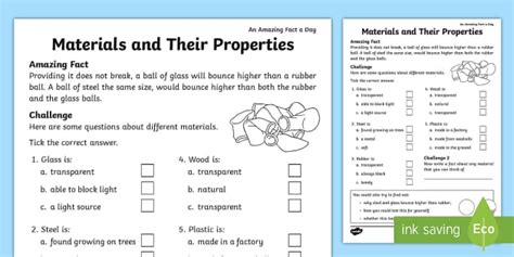 Materials And Their Properties Worksheet Activity Sheet