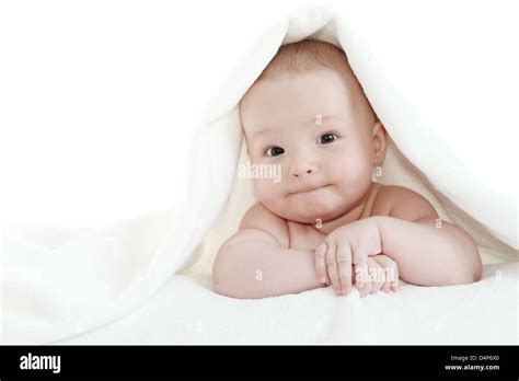 Beautiful Baby Under White Blanket Stock Photo Alamy