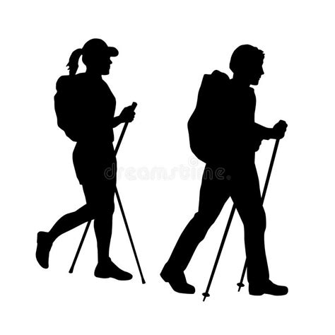 Two People Silhouettes While Hiking In Nature Stock Vector