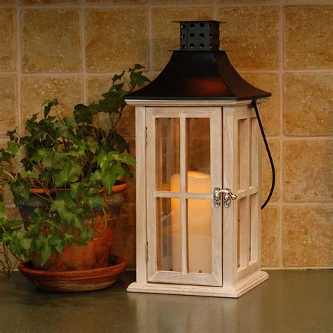 Lumabase Wooden Lantern With Led Candle White Washed With Black Roof