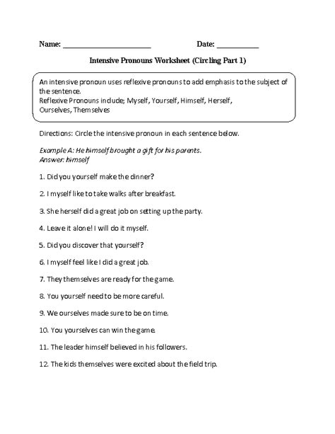 Intensive Pronouns Worksheet Circling Part 1 Intermediate Pronoun fun