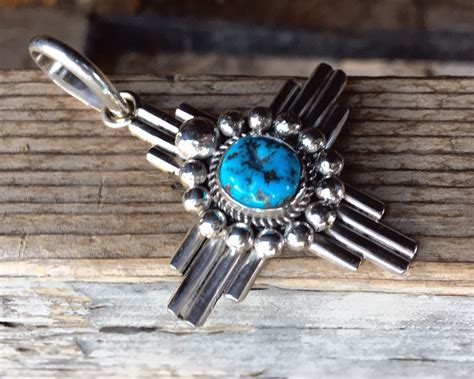 Sterling Silver And Chunky Turquoise Zia Pendant For Necklace Native
