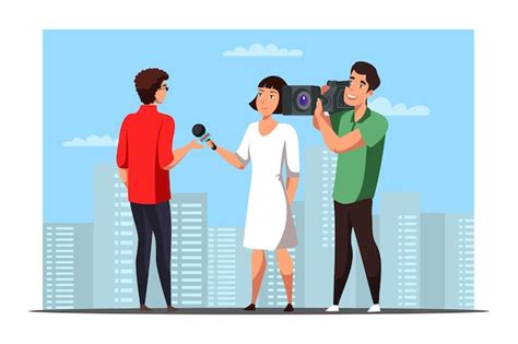 Premium Vector Woman Journalist Interviewing Casual Man On City Street Girl With Microphone