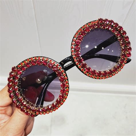 buy round sunglasses women luxury red rhinestone fashion brand designer