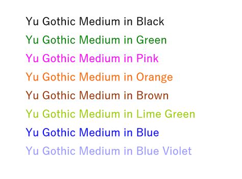 Font Yu Gothic Medium In Black Green Pink Orange Brown Lime Green