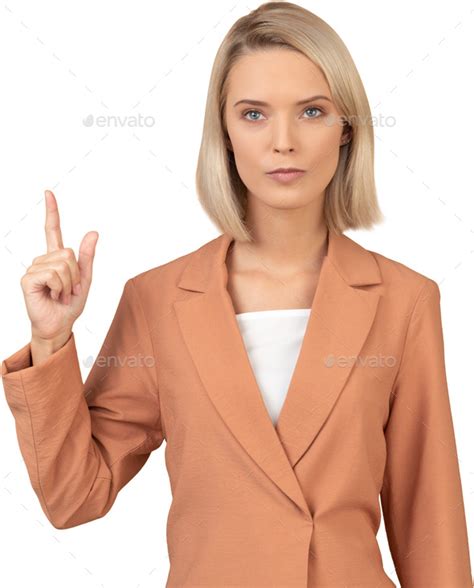 A Woman In A Brown Suit With Her Index Finger Up Stock Photo By Icons8