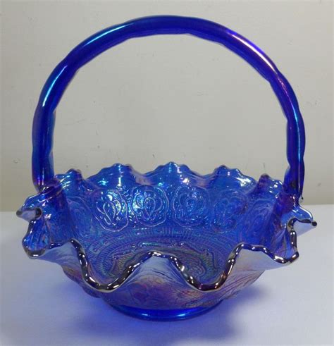 Fenton Cobalt Blue Iridized Glass Basket Cobalt Glass Fenton Glassware Blue Medallion