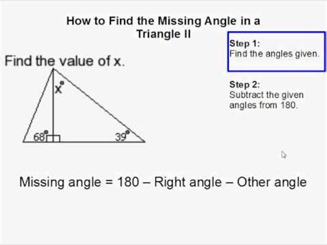 Sal is given a triangle with two side lengths and one angle measure, and he finds all the missing angle measures using the law of sines. How to Find the Missing Angle in a Triangle II - YouTube