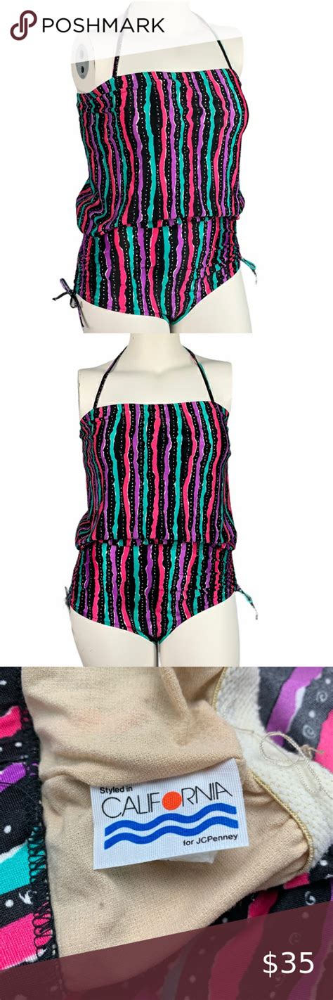 Vintage Usa 80s Striped Ruched Bathing Suit Vintage Usa Loose Tops