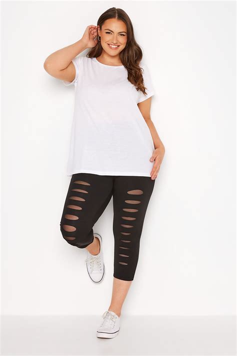 Plus Size Black Ripped Mesh Insert Cropped Leggings Yours Clothing