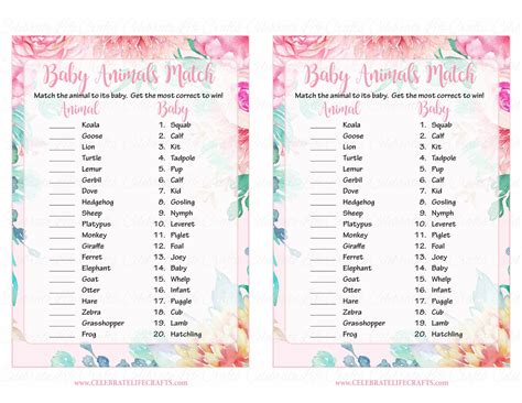 Baby Animals Match Baby Shower Game Spring Baby Shower Theme For Baby