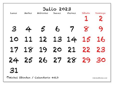 Calendario Julio De 2023 Para Imprimir “446ld” Michel Zbinden Pe