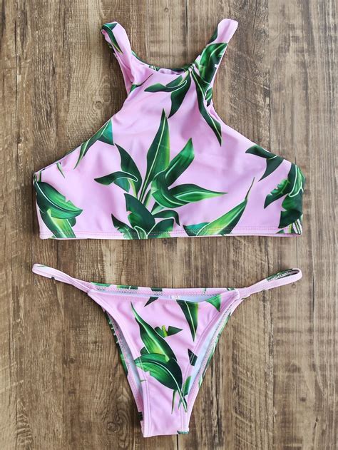 Shop Pink Leaf Print Racer Back Bikini Set Online Shein Offers Pink