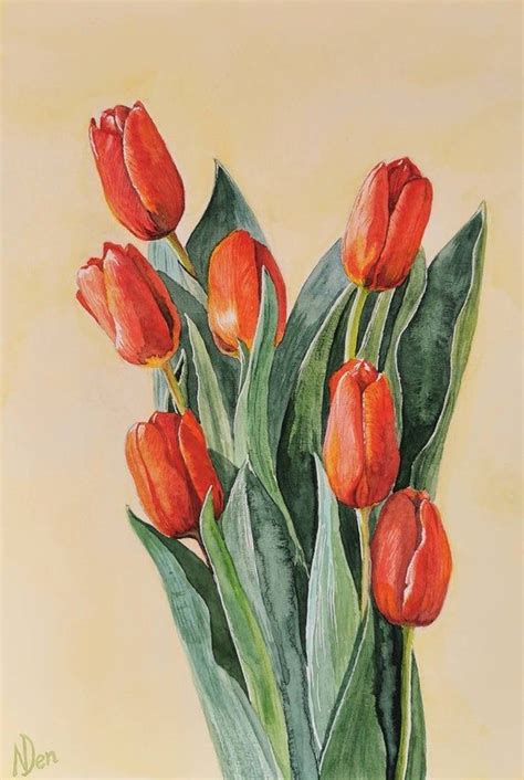 Tulips Original Watercolor Painting 83 By 117 Red Tulips Artwork