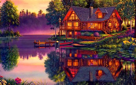 Download Reflection Tree Boat Dusk Cabin Lake Landscape Artistic House