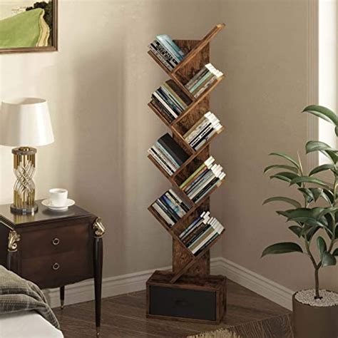 Rolanstar Bookshelf With Drawer 9 Tier Tree Bookshelf Rustic Brown