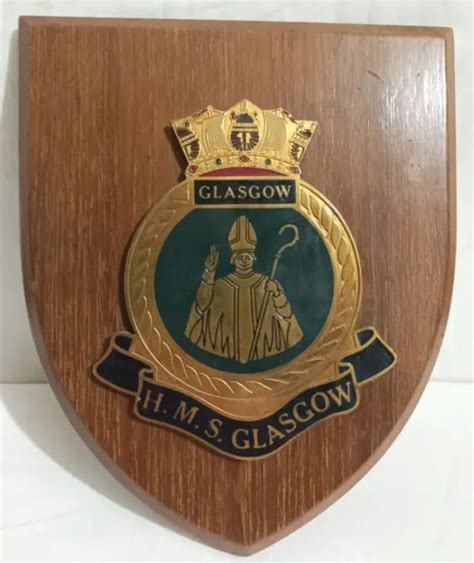 Vintage Hms Glasgow Royal Navy Ship Badge Crest Shield Plaque Metal