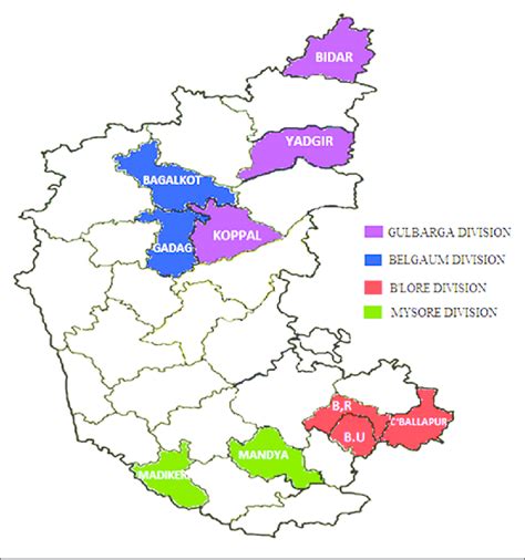 Districts of north karnataka are belgaum, bijapur, bagalkot, bidar, bellary, gulbarga, yadagiri, raichur, gadag, dharwad, haveri, koppal and uttara districts of south karnataka bangalore, chamarajanagar, chikkaballapur, kodagu, kolar, hassan, mandya, mysore, ramanagara and tumkur. Map showing the various divisions and districts of Karnataka (shaded in... | Download Scientific ...