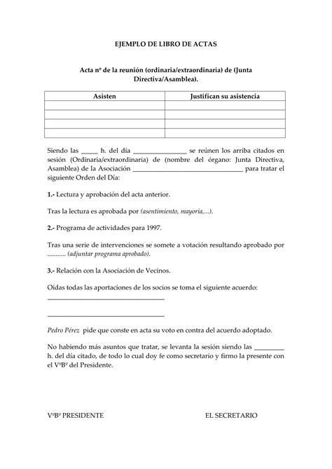 Ejemplo De Libro De Actas Acta No De La