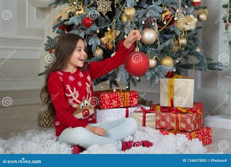 Happy New Year Little Child Girl Likes Xmas Present Christmas Kid