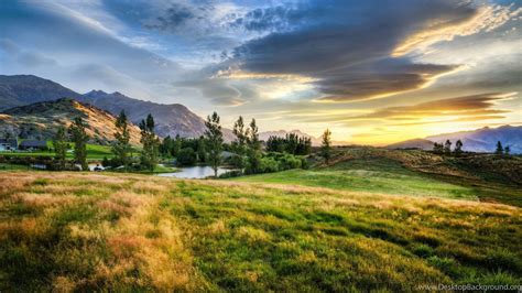 New Zealand Sunset Prairie Mountains Pond Landscape