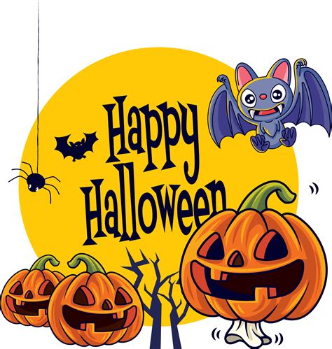 Happy Halloween Cartoon Cute Jack O Lantern Orange Pumpkin And Bat