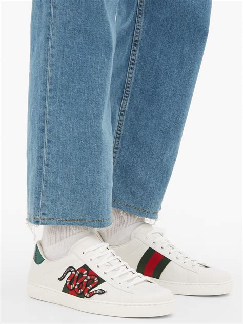 Gucci Ace Watersnake Trimmed AppliquÉd Leather Sneakers In 9064 White