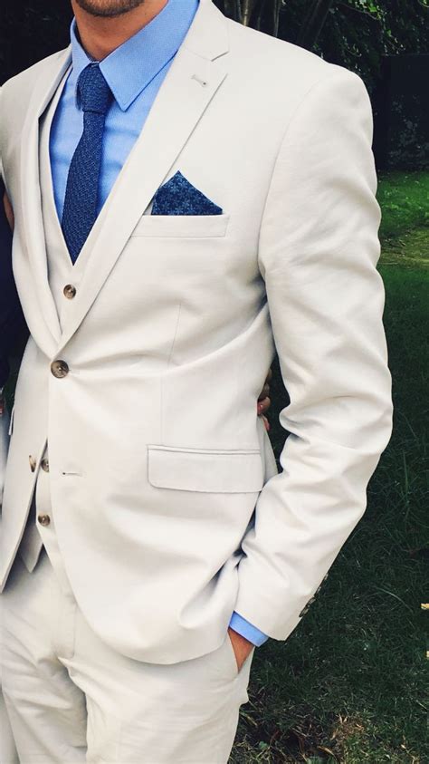 Mens Wedding Suit Cream Linen Style Suit Pale Blue Shirt And Dark