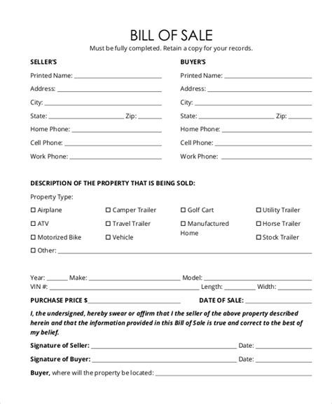 Horse Trailer Bill Of Sale Bill Of Sale Form Template Vehicle Printable