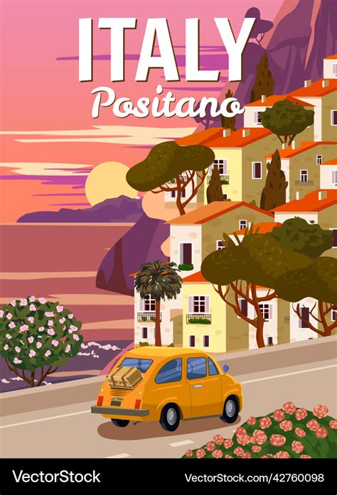 Retro Poster Italy Positano Resort Amalfi Coast Vector Image