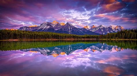 Sunrise Lake Mountain Forest Nature Landscape Canada Snowy Peak Clouds Reflection