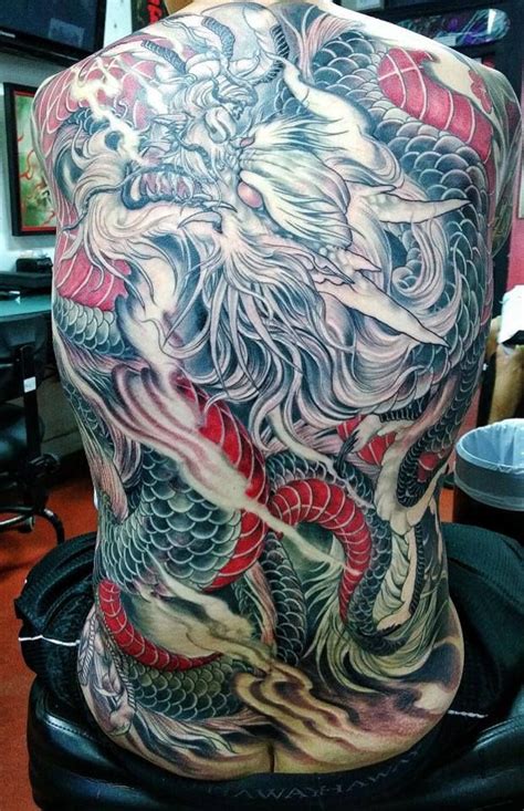 Japanese Style Dragon Back Piece Tattoo Inspiration