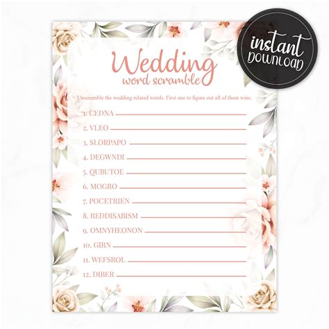 Wedding Word Scramble Bridal Shower Game Printable Instant Etsy
