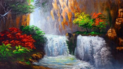 How To Paint Water Falls And Autumn Trees Acrylic Painting For