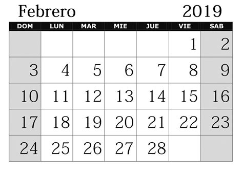 Word Calendario Febrero 2019 Con Festivos