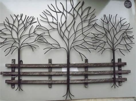 Large Rustic Distressed Metal Row Of Trees Wall Art With Wooden Fence
