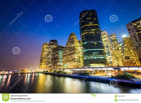 View Of Lower Manhattan From Pier 15 At Night In Manhattan New Stock