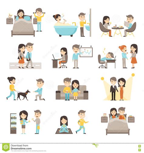 How to describe your daily routine in english? Daily Routine People Set stock vector. Illustration of ...