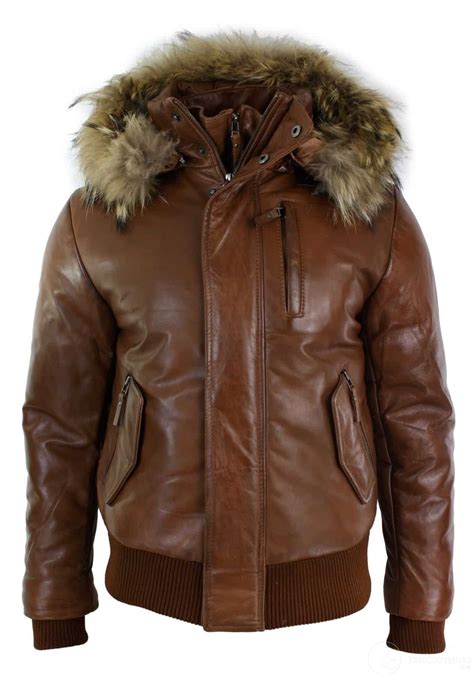 Mens Real Fur Hood Bomber Leather Jacket Black Puffer Padded Tan Buy