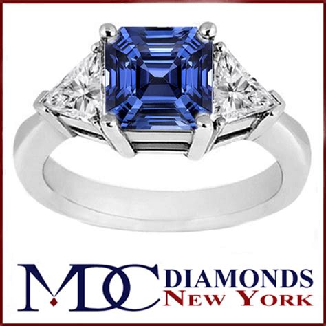 European Engagement Ring Asscher Blue Sapphire And Trillion Diamond Liz