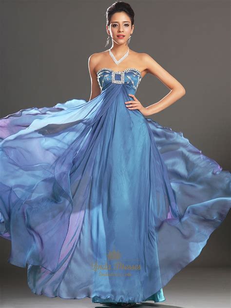 Blue Sweetheart Empire Waist Chiffon Prom Dress With Beaded Bodice