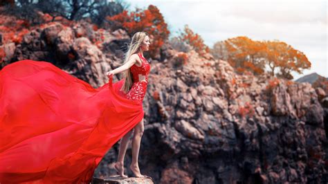 Women Model Blonde Long Hair Women Outdoors Nature Rock Red Dress Trees