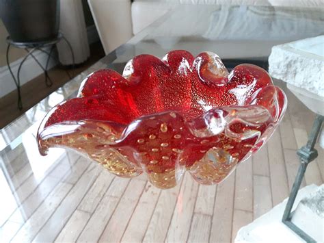 Vintage Controlled Bubble Murano Glass Dish Red And Gold Etsy