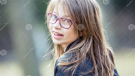 Girl Teen Pre Teen Girl With Glasses Girl With Teeth Braces Stock